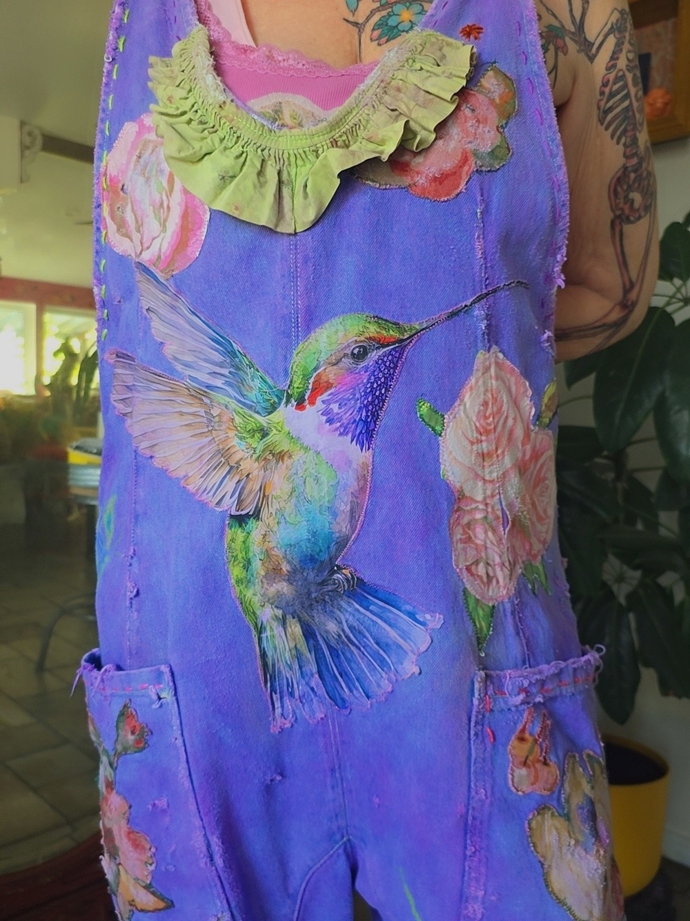 Free People + Me, Purple Floral & Hummingbird Overalls Jumpsuit - Picture 9 of 14